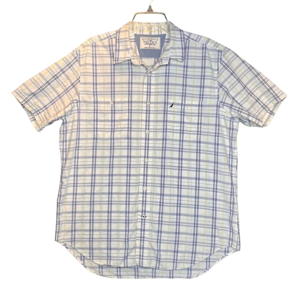 Nautica Sea Voyage Mens L Button Down Plaid White Yellow Blue Short Sleeve